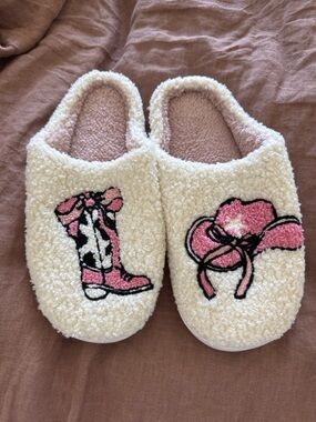 Western Cowgirl Sherpa Mule Slippers Cream Pink Cozy House Shoes Size 40-41